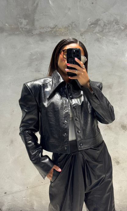 Onyx Black Leather Shirt (Ostrich)